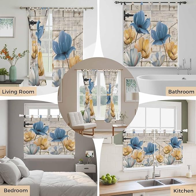 Blue Yellow Tulips Living Room Curtains 84 Inch Length, Window Curtains Tab Top, Retro Farmhouse Flower Barn Doors Wooden Light Filtering Window Treatments Drapes 42"x84" 2 Panel