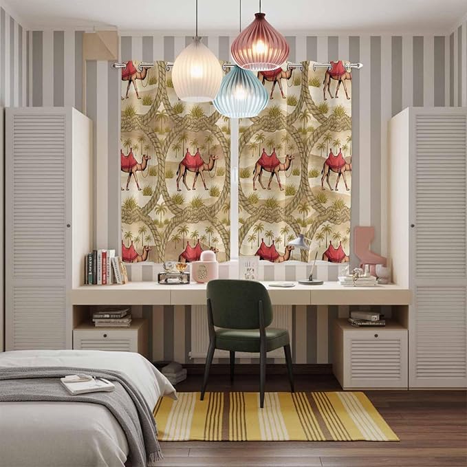2 Panel Kitchen Cafe Curtains, Desert Camels Sunlight Filtering Nature Air Through, Home Decor Window Covering Tier Curtains for Living Room 80W x 63L inch Tropical Palm Trees Sand Cords Brown