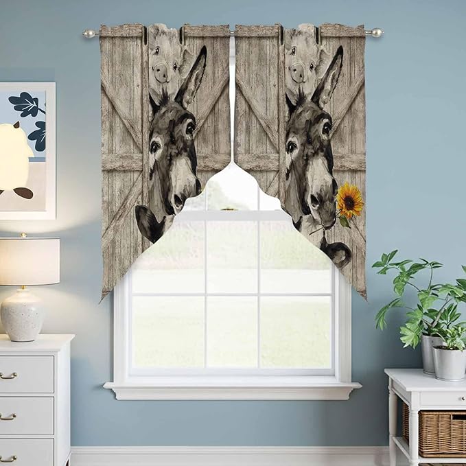 Funny Farm Animals Swag Valances for Windows, Vintage Barn Brown Sunflowers Rod Pocket Kitchen Curtains Valance, Small Window Curtains Swag for Cafe Bathroom Living Room, 2 Panels, 36x36 inch