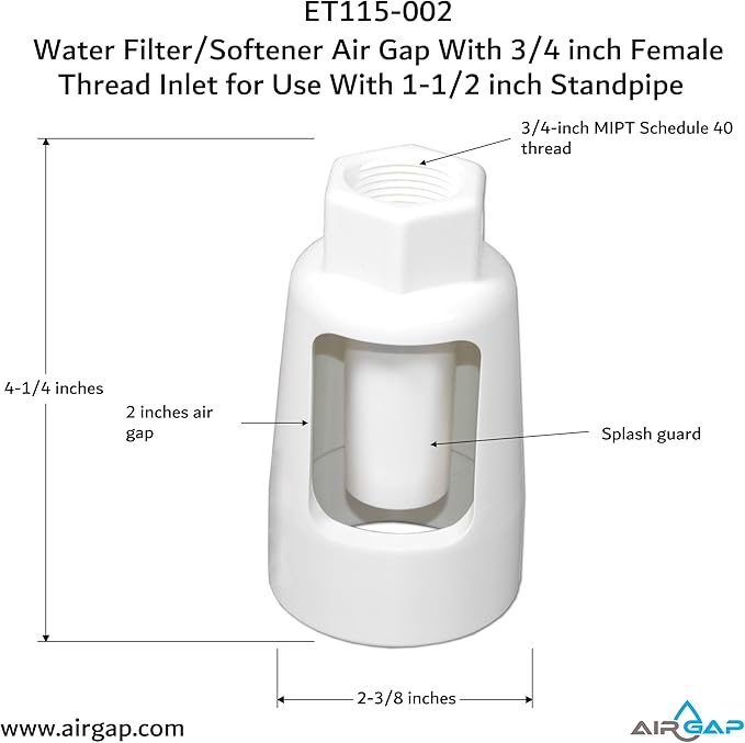 Water Filter/Softener Air Gap With 3/4-inch Female Threaded Inlet for Use With 1-1/2-inch or 2 inches (with coupler) Standpipe (ET115-002, G-175, DLA-G15)