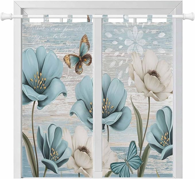 Spring Floral Living Room Curtains 84 Inch Length, Window Curtains Tab Top, Vintage Tulips Flower Butterfly Retro Wood Blue Light Filtering Window Treatments Drapes 42"x84" 2 Panel