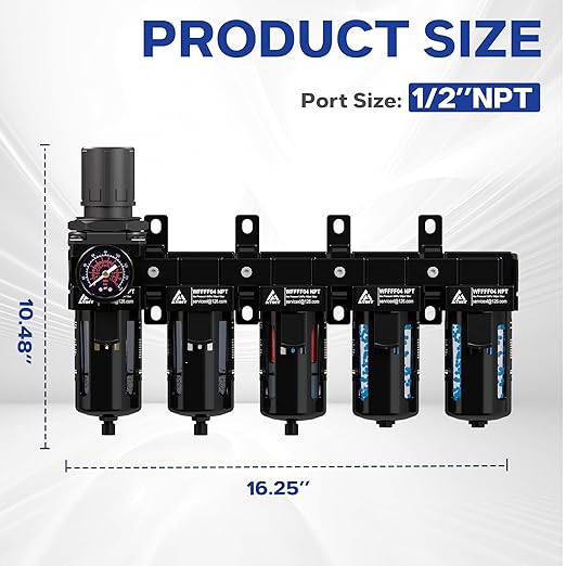 1/2'' NPT 5 Stage Air Dryer for Compressor,5 &0.5 &0.01 Micron Filter Cartridge Air Drying System,Double Desiccant Dryers & Air Regulator,Metal Bowl, Semi-Auto Drain,Industrial Grade-Black