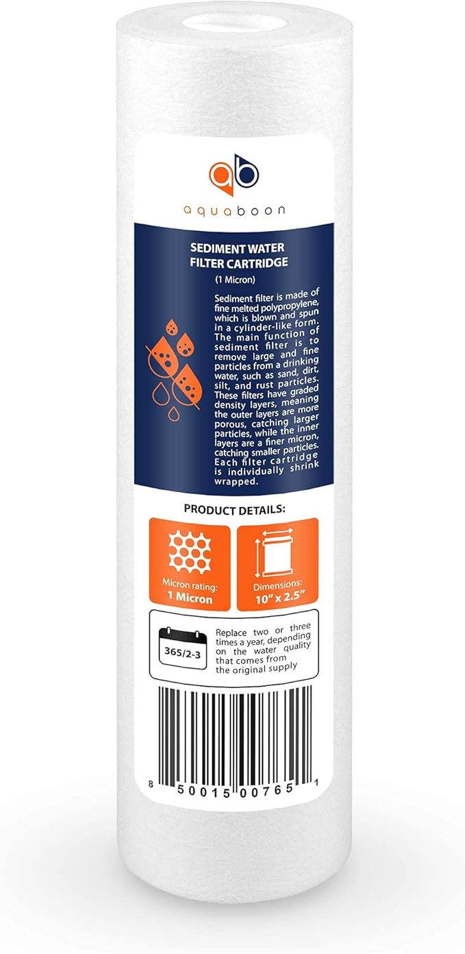 Aquaboon 1 Micron Whole House Sediment Filter 10 x 2.5 for RO & Well Water Filters Replacement Cartridges Compatible with AP110, WHKF-GD05, 50 Pack