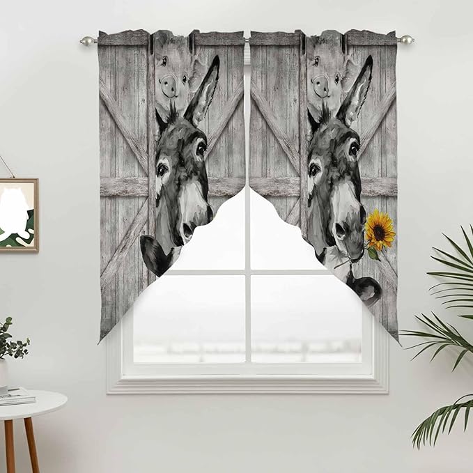 Funny Farm Animals Swag Valances for Windows, Vintage Barn Grey Sunflowers Rod Pocket Kitchen Curtains Valance, Small Window Curtains Swag for Cafe Bathroom Living Room, 2 Panels, 28x36 inch