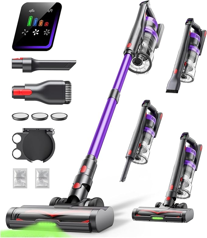 Cordless Vacuum Cleaner 650W 55KPA Powerful Suction 70 Mins Stick Handheld Vacuum Cleaners Green LED Anti-Tangle Brush Aromatherapy 1.8L Dust Cup One-Touch Empty for Carpet/Hardwood/Pet Hair/Car/Stair