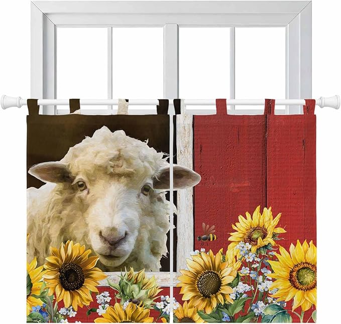 Sheep Flowers Kitchen Curtains 45 Inch Length, Short Cafe Window Curtains Tab Top, Country Red Barn Botanical Sunflowers Light Filtering Window Treatments Tier Drapes 27.5"x45" 2 Panel