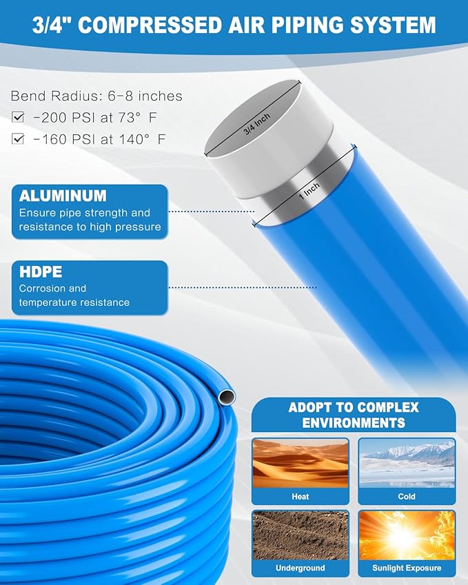 Compressed Air Line Kit, 3/4 Inch ID x 100FT HDPE-Aluminum Compressed Air Piping System, Garage Air Compressor Line Kit Accessories for Shop | 200 PSI | 85PCS