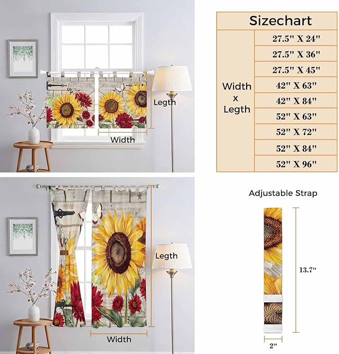 Red Yellow Sunflowers Bathroom Curtains 63 Inch Length, Window Curtains Tab Top, Retro Rustic Barn Doors Butterfly Brown Light Filtering Window Treatments Drapes 52"x63" 2 Panel