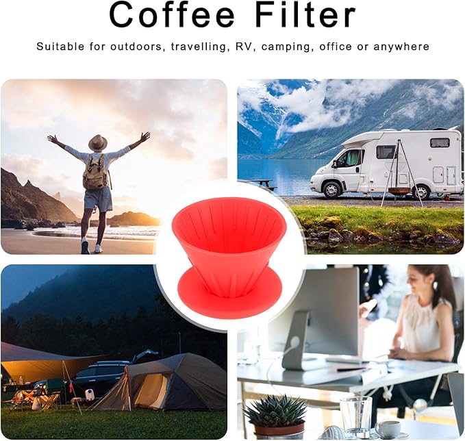 Reusable Silicon Resin Coffee Filter Strainer Dripper Portable Coffee Machine Accessory for Home Outdoor Camping Office Travel Lightweight Durable Easy Clean (Red)