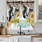 Retro Farmhouse Flower Swag Valances for Windows, Yellow Sunflowers Cow Barn Doors Brown Rod Pocket Kitchen Curtains Valance, Small Window Curtains Swag for Cafe Living Room, 2 Panels, 28x36 inch