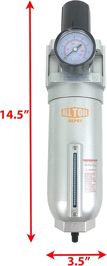 1" NPT SUPER DUTY Compressed Air In Line Filter Regulator Combo Piggyback, Metal Bowl, 5 Micron Element, Adjustable From 7 to 175 PSI (AUTO DRAIN)