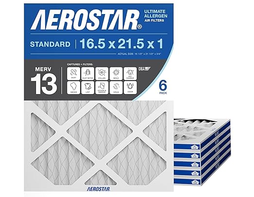 Aerostar 16.5x21.5x1 MERV 13 - 6 Count - Pleated HVAC, Furnace & Air Conditioner Filters - Removes Bacteria, Dust, Germs, Lint, Mold, Pet Dander, Allergy-Causing Pollen, Smog, Smoke & Viruses