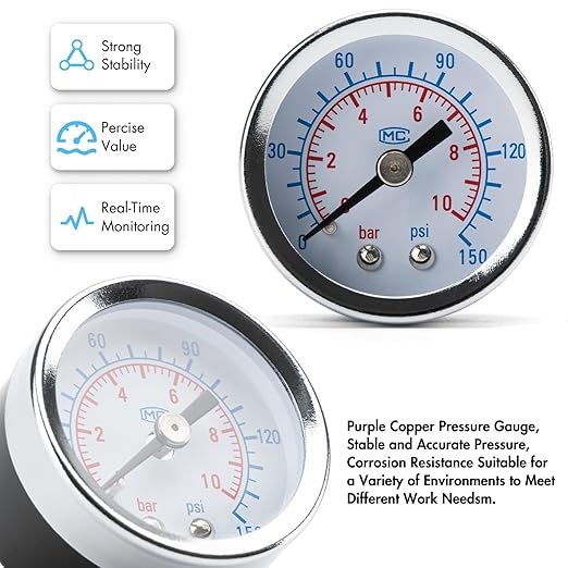 1/4" NPT Air Compressor Water Separator Regulator Filter Combo Compressed Air Filter Dryer Pressure Regulator with Gauge(0-150 psi) Poly Bowl Semi-Auto Drain Bracket - 3 in 1 Two Unit