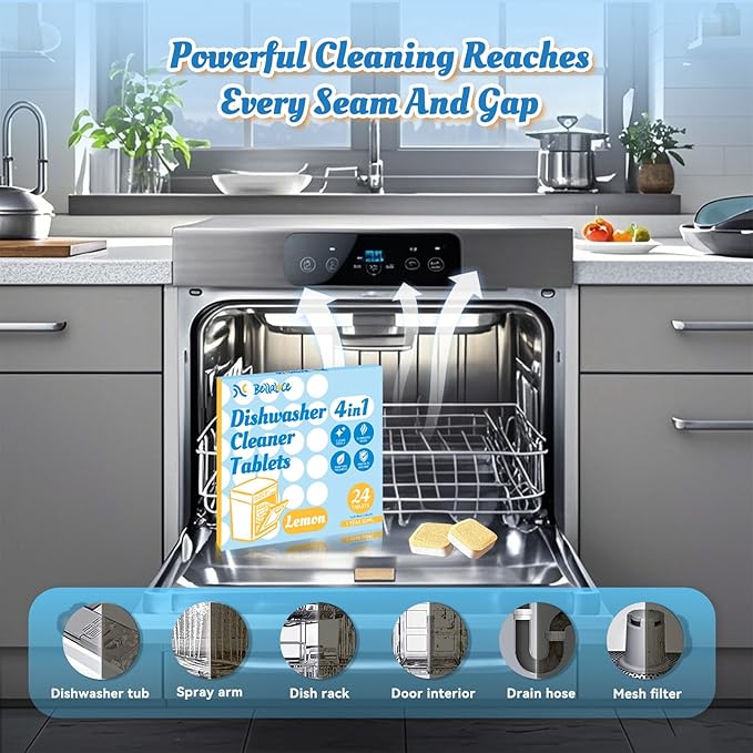 Dishwasher Cleaner Tablets Deodorizer-48 Pack Deep Cleaning Dish Washer Descaler Freshener-Grime Limescale Heavy Duty Grease Odor Smell Remover-for All Dishwashers Lemon Foaming 2 Year Supply