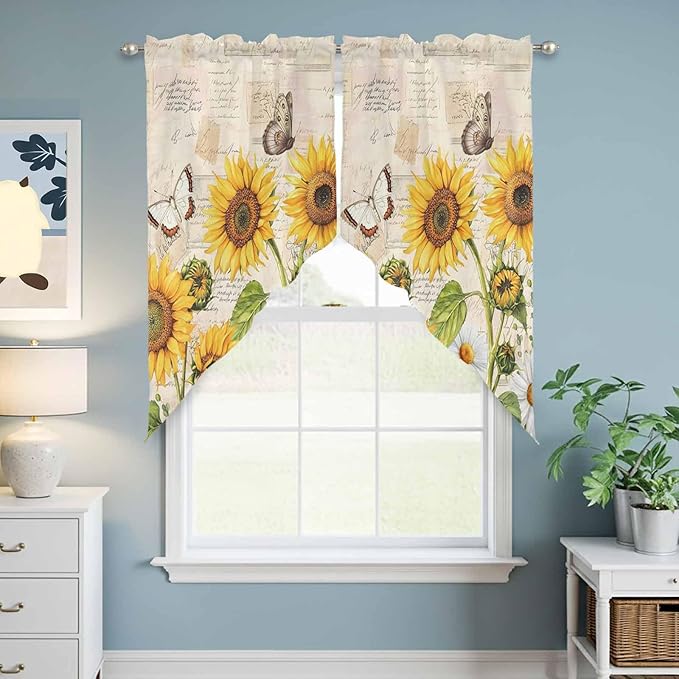Yellow Sunflowers Swag Valances for Windows, Country Farm Butterfly Flower Light Beige Rod Pocket Kitchen Curtains Valance, Kitchen Window Curtains Swag for Cafe Living Room, 2 Panels, 36x63 inch