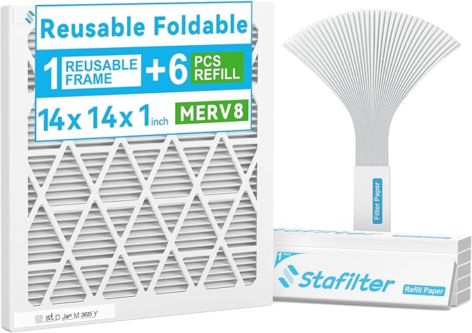 Reusable 14x14x1 Air Filter (MERV 8), 1 Foldable Frame + 6 Refills (Not Individual Filters), Greener HVAC AC Furnace Air Filters MPR 700&FPR 5(Actual Size:13.75"x13.75"x0.75")