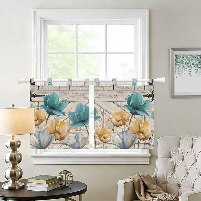 Watercolor Flowers Kitchen Curtains 36 Inch Length, Small Window Curtains Tab Top, Vintage Tulips Floral Barn Doors Wood Grain Light Filtering Short Window Treatments Tier Drapes 27.5"x36" 2 Panel