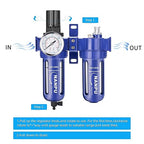 NANPU 1/4" NPT Compressed Air Filter Regulator Lubricator (FRL), Zinc Alloy, 5 Micron Brass Element, 0-150 psi Gauge, Quick Release Bowl, Manual Drain, Metal Bracket