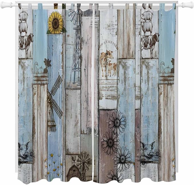 Blue Grey Wooden Living Room Curtains 96 Inch Length, Window Curtains Tab Top, Farmhouse Barn Sunflowers Retro Light Filtering Window Treatments Drapes 52"x96" 2 Panel