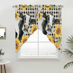 Retro Sunflowers Swag Valances for Windows, Farmhouse Floral Cow Butterfly Black Plaid Rod Pocket Kitchen Curtains Valance, Small Window Curtains Swag for Cafe Living Room, 2 Panels, 28x36 inch