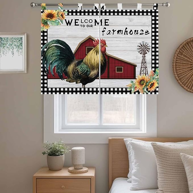Farmhouse Rooster Kitchen Curtains 45 Inch Length, Short Cafe Window Curtains Tab Top, Rustic Red Barn Windmill Sunflowers Light Filtering Window Treatments Tier Drapes 27.5"x45" 2 Panel