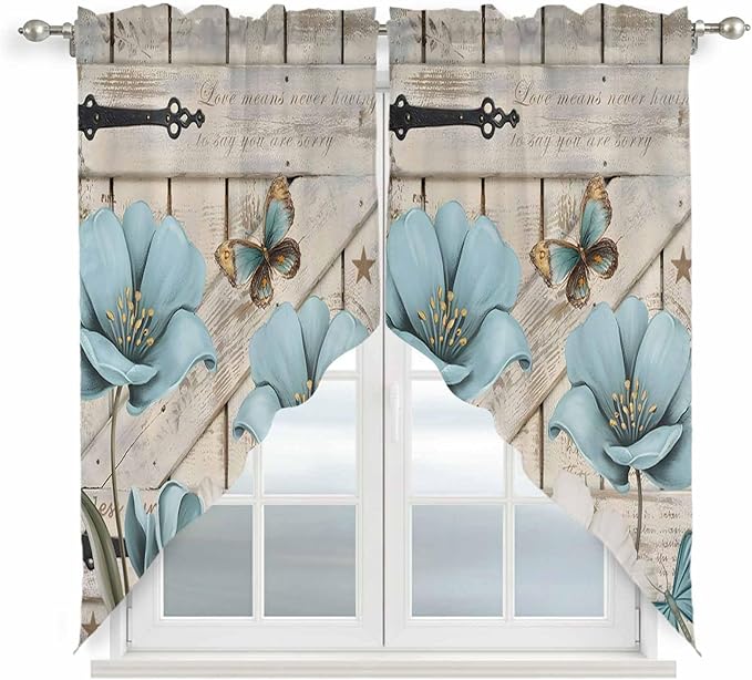 Teal Blue Tulips Swag Valances for Windows, Spring Floral Barn Doors Vintage Wood Beige Rod Pocket Kitchen Curtains Valance, Small Window Curtains Swag for Cafe Living Room, 2 Panels, 28x36 inch