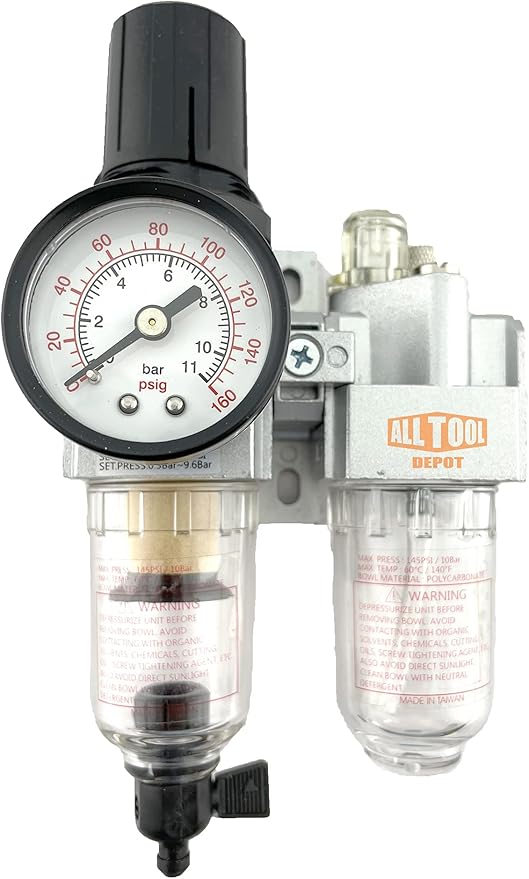 1/4" NPT Mini Compressed Air In Line Filter Regulator Lubricator Oiler Combo Piggyback, Poly Bowl And Metal Body, 5 Micron Element, Adjustable From 7 to 140 PSI (MANUAL DRAIN)