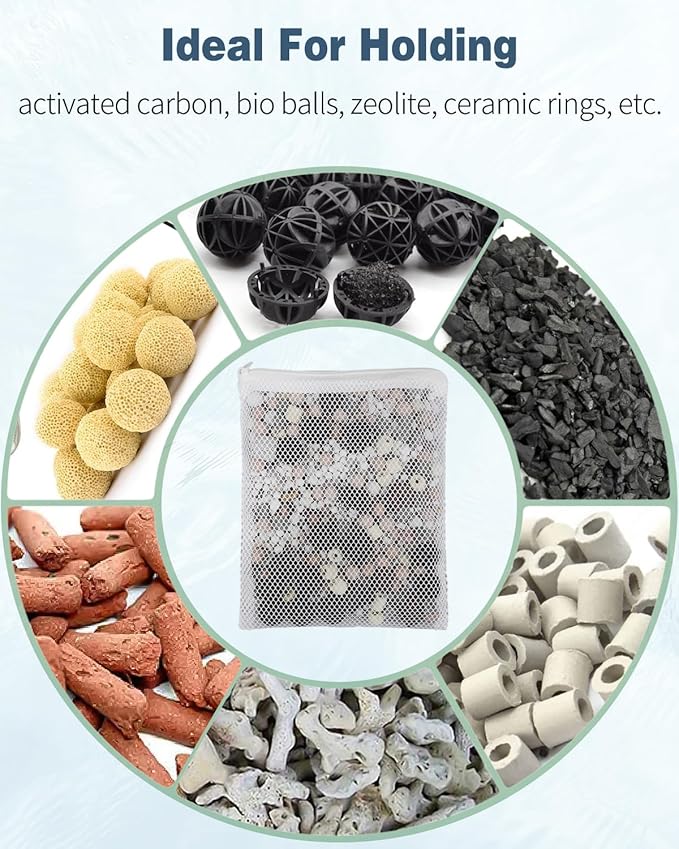 Pawfly 12 Pack Black & White Aquarium Filter Media Bags, Fish Tank Fine Mesh Bag with Plastic Zipper Aquarium Reusable Mesh Bag for Activated Carbon Bio Filter Balls Filter Stones, 7.9" x 5.9"
