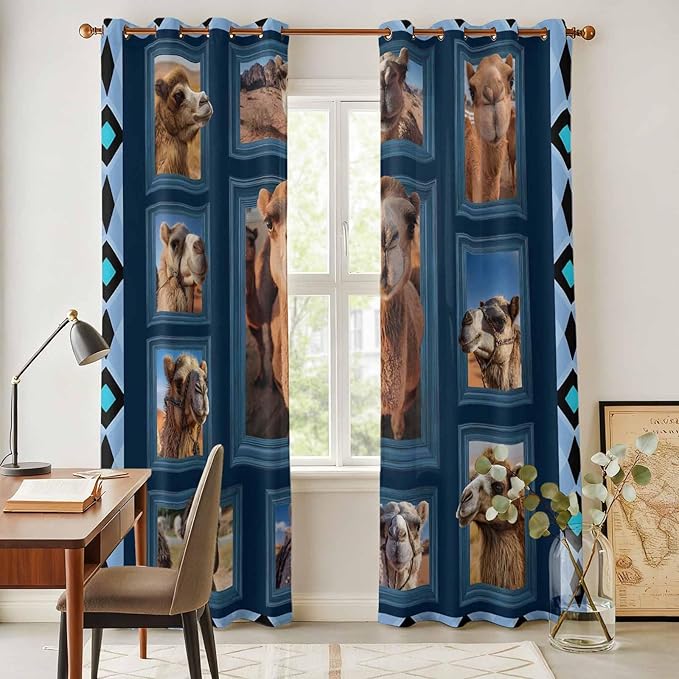 2 Panel Kitchen Cafe Curtains, Desert Camels Sunlight Filtering Nature Air Through, Home Decor Window Covering Tier Curtains for Living Room 80W x 84L inch Wildlife Brown Animals Blue Geometric