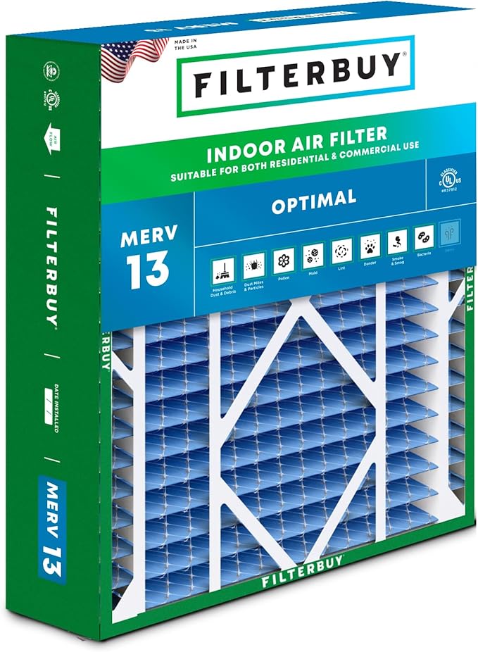 Filterbuy 24x25x5 Air Filter MERV 13 Optimal Smoke & Allergy Defense (1-Pack), Electrostatic Pleated HVAC AC Furnace Filters for Carrier FILXXCAR0024, Maytag & More (Actual Size: 23.63 x 24.69 x 4.25)