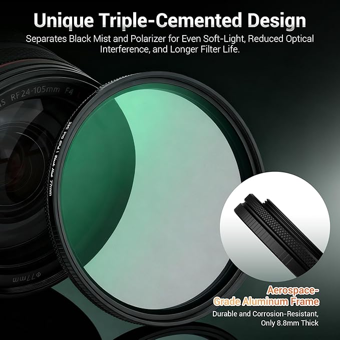 49mm 2 in 1 1/4 Black Mist & Reflectivity CPL Filter with ND2 Light Reduction, Nitto True Color Polarizer Lens Filter Circular Polarizing with