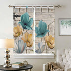 Watercolor Flowers Bathroom Curtains 63 Inch Length, Window Curtains Tab Top, Vintage Tulips Floral Barn Doors Wood Grain Light Filtering Window Treatments Drapes 52"x63" 2 Panel