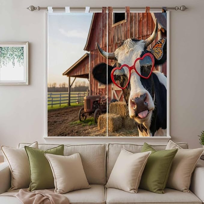 Farm Cows Living Room Curtains 84 Inch Length, Window Curtains Tab Top, Farmhouse Barn Funny Animals Butterfly Light Filtering Window Treatments Drapes 42"x84" 2 Panel