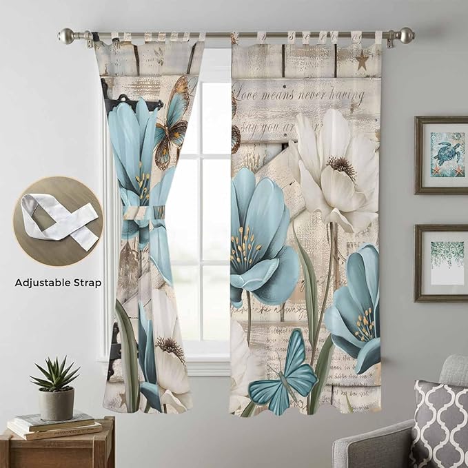 Teal Blue Tulips Living Room Curtains 84 Inch Length, Window Curtains Tab Top, Spring Floral Barn Doors Vintage Wood Beige Light Filtering Window Treatments Drapes 52"x84" 2 Panel