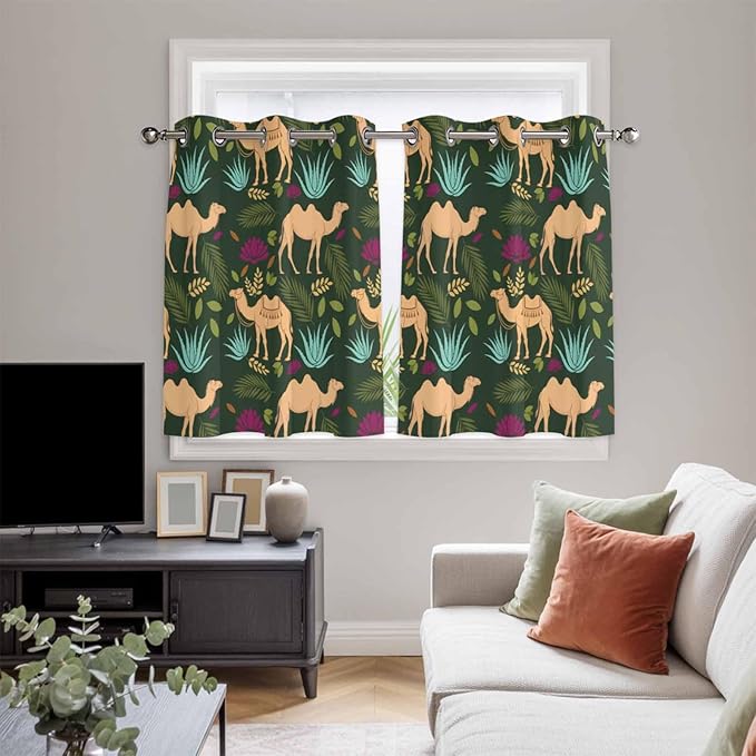 2 Panel Kitchen Cafe Curtains, Retro Desert Camel Sunlight Filtering Nature Air Through, Window Decor Tier Curtains for Living Room 104W x 52L inch Tropical Animal Aloe Vera Leaves Dark Green