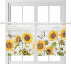 Yellow Sunflowers Kitchen Curtains 36 Inch Length, Small Window Curtains Tab Top, Vintage Country Flowers Butterfly Wood Board Light Filtering Short Window Treatments Tier Drapes 27.5"x36" 2 Panel