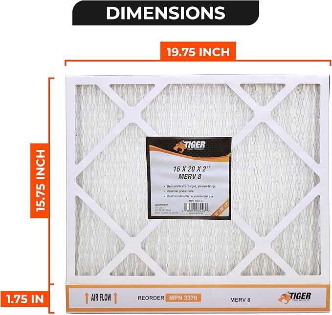 Tiger Tough 16x20x2 Air Filter MERV 8 MPR 600-800, High-Performance Pleated HVAC AC Furnace Filter Replacement for Home, 4-Pack