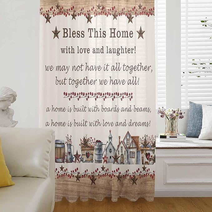Farmhouse Sheer Curtains 108 Inch Length Country Star Barn Berry Brown Wood Plank Chiffon Curtain for Bedroom Living Room Light Filtering Rod Pocket Window Treatments Voile Curtains Drapes for Dining
