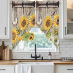 Farmhouse Sunflowers Swag Valances for Windows, Rustic Barn Doors Flowers Butterfly Wooden Rod Pocket Kitchen Curtains Valance, Kitchen Window Curtains Swag for Cafe Living Room, 2 Panels, 36x45 inch