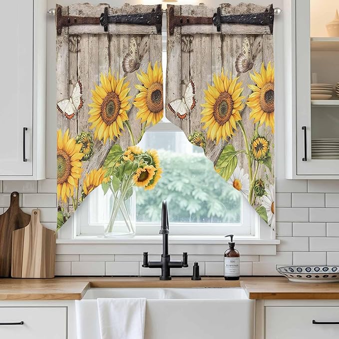 Farmhouse Sunflowers Swag Valances for Windows, Rustic Barn Doors Flowers Butterfly Wooden Rod Pocket Kitchen Curtains Valance, Kitchen Window Curtains Swag for Cafe Living Room, 2 Panels, 36x45 inch