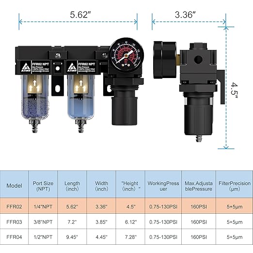 1/4" NPT Compressed air Dryer,Air Pressure Regulator Filter Combo,Air Compressor Filter Dryer,5 and 5 Micron Filter Cartridge,Semi-Auto Drain, Metal Bracket