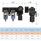 1/4" NPT Compressed air Dryer,Air Pressure Regulator Filter Combo,Air Compressor Filter Dryer,5 and 5 Micron Filter Cartridge,Semi-Auto Drain, Metal Bracket