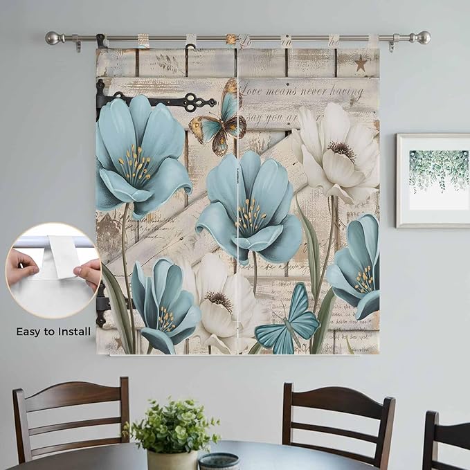 Teal Blue Tulips Bedroom Curtains 72 Inch Length, Window Curtains Tab Top, Spring Floral Barn Doors Vintage Wood Beige Light Filtering Window Treatments Drapes 52"x72" 2 Panel