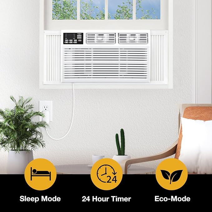Whirlpool 12,000 BTU 115V Window-Mounted Air Conditioner with Remote Control, Window AC for Rooms up to 550 Sq.Ft, LCD Display, Auto-Restart, 24H Timer, White