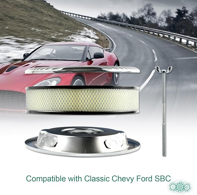 14 x 3 Inch Round Polished Air Cleaner Kit Fully Finned Top with Flat Style Base Compatible with Chevy Ford GM