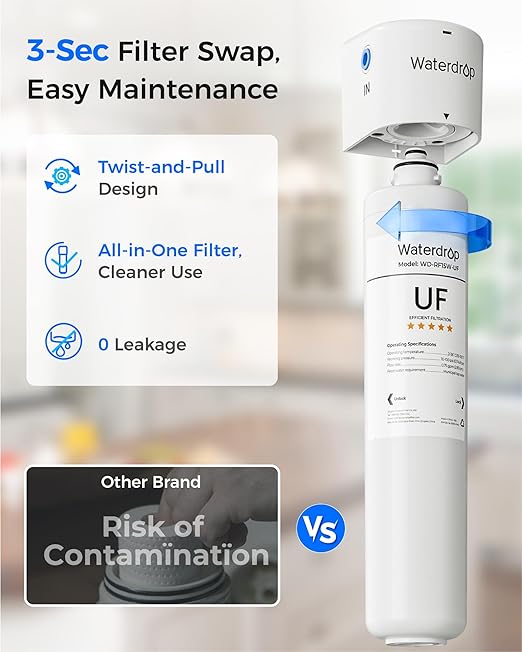 Waterdrop 15UBW-UF 0.01 μm Ultra Filtration Under Sink Water Filter System, Reduces Lead, Chlorine, Bad Taste & Odor, 2 Years, with Dedicated Brushed Nickel Faucet, USA Tech