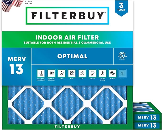 Filterbuy 15x15x1 Air Filter MERV 13 Optimal Smoke & Allergy Defense (3-Pack), Electrostatic Pleated HVAC AC Furnace Filters Replacement, Made in USA (Actual Size: 15.00 x 15.00 x 0.75)