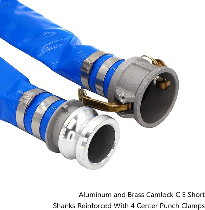 DAVCO 1.5" ID × 50 ft Pool Backwash Hose, Heavy Duty Reinforced Blue PVC Lay Flat Water Discharge Pump Hoses For Swimming Drain Pools and Clean Filters, with Aluminum Camlock C and E Fittings