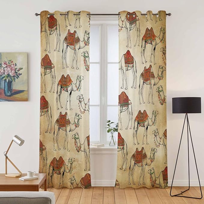 2 Panel Kitchen Cafe Curtains, Desert Sand Camel Sunlight Filtering Nature Air Through, Home Decor Window Covering Tier Curtains for Living Room 80W x 84L inch Summer Tropical Animals Vintage Beige