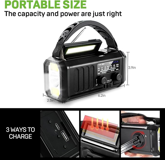 Emergency NOAA Weather Radio, 10000mAh/37000mWh,Solar Hand Crank Radio with AM/FM, Flashlight & Reading Light, Rechargeable Battery,SOS Alarm, for Valentines Day Gifts Indoor Outdoor Emergency